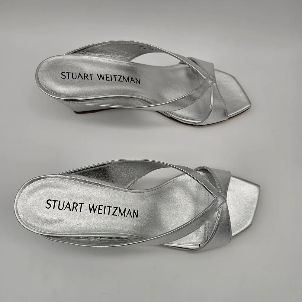 Stuart Weitzman Womens Miami 50 Wedge Slide‎ Sandals Metallic Silver 10.5B New - Picture 2 of 5